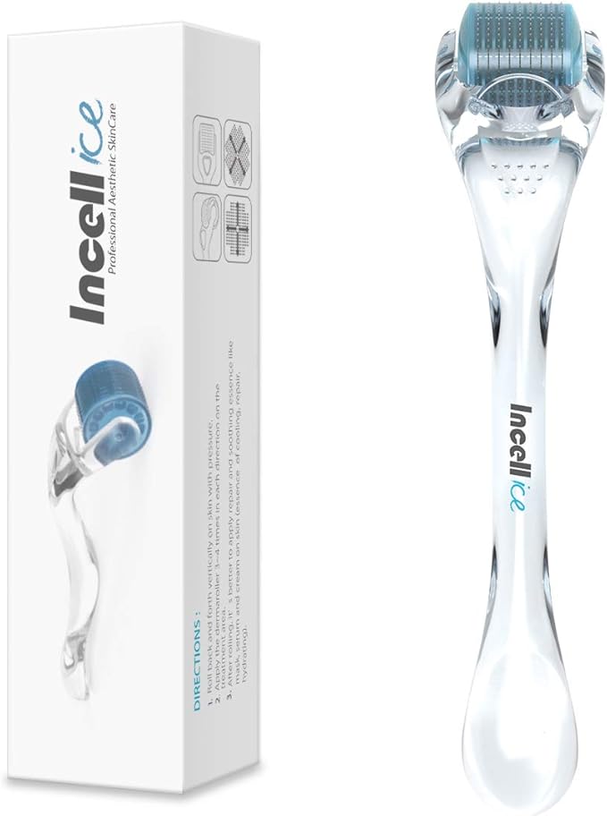 "Dermaroller Incell Ice avec micro-aiguilles pour cuir chevelu, idéal pour booster l’efficacité du minoxidil et relancer la pousse sur les zones clairsemées."